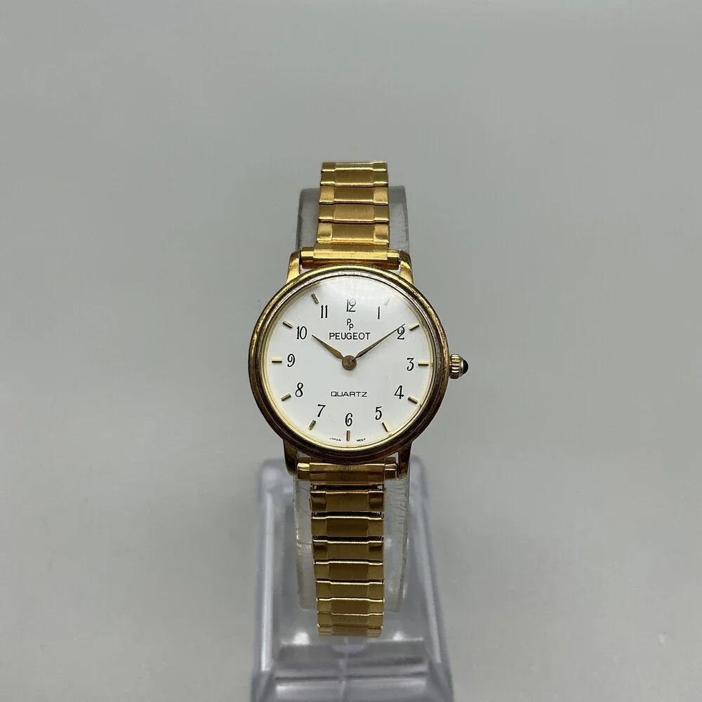Vintage Peugeot Womens Watch 24mm White Dial Gold Tone Stretch New Battery